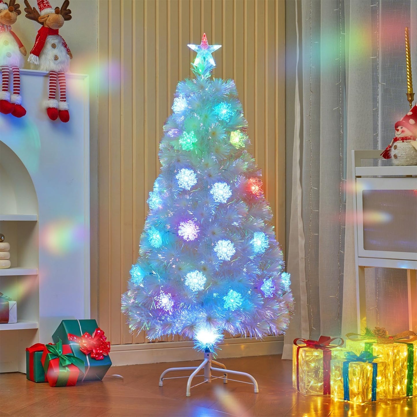 Juegoal 4ft Pre-Lit Artificial Christmas Tree, Lighted Optical Fiber Xmas Trees with Color Changing LED Lights, Snowflakes & Top Star, Party Home Holiday Fake Multicolored Tree with Metal Legs, White
