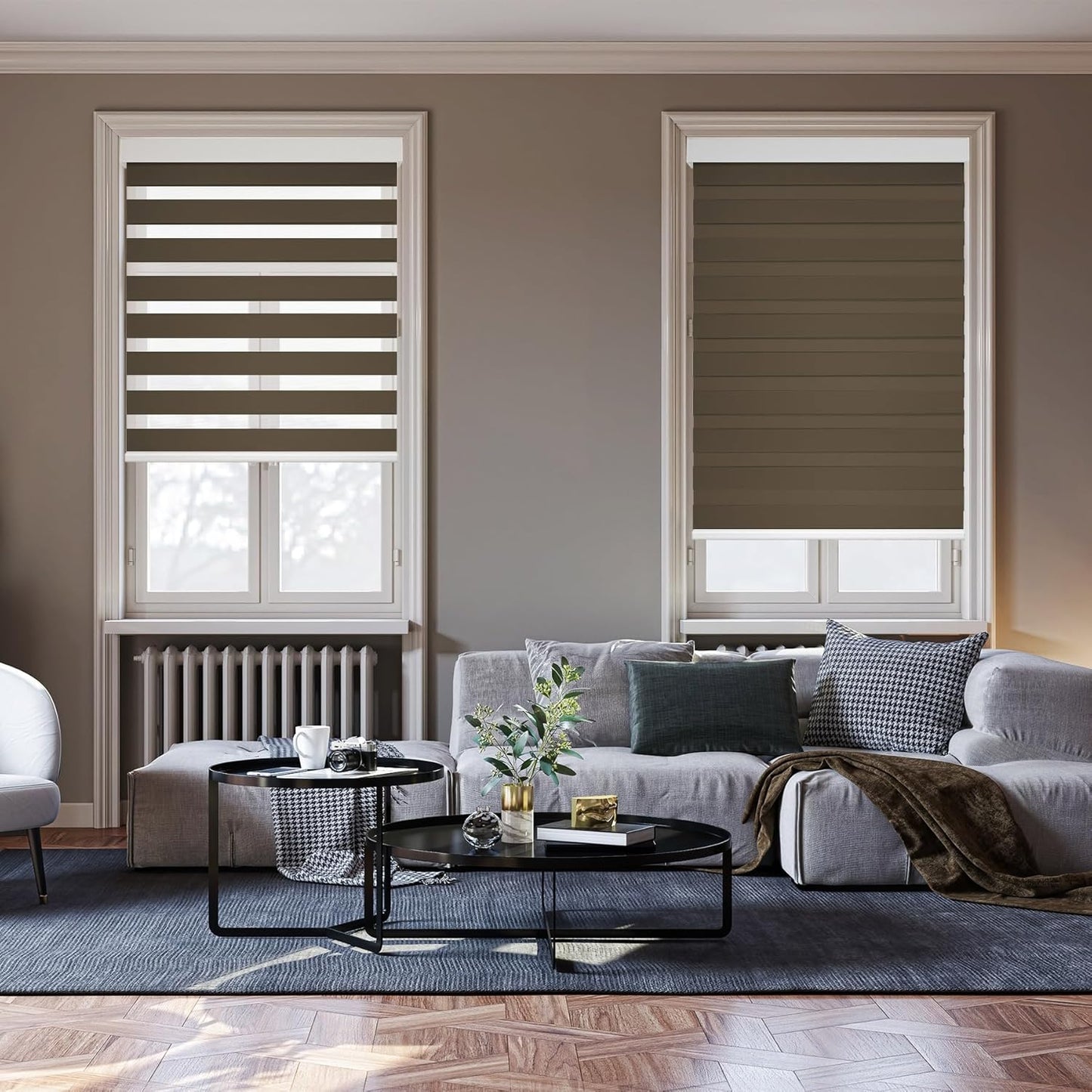 HESTIA Cordless Zebra Blinds Light Filtering Roller Shades UV Blocking Blackout Privacy Indoor Window Shades for Home Office Day and Night, Brown,34" W x 54" H