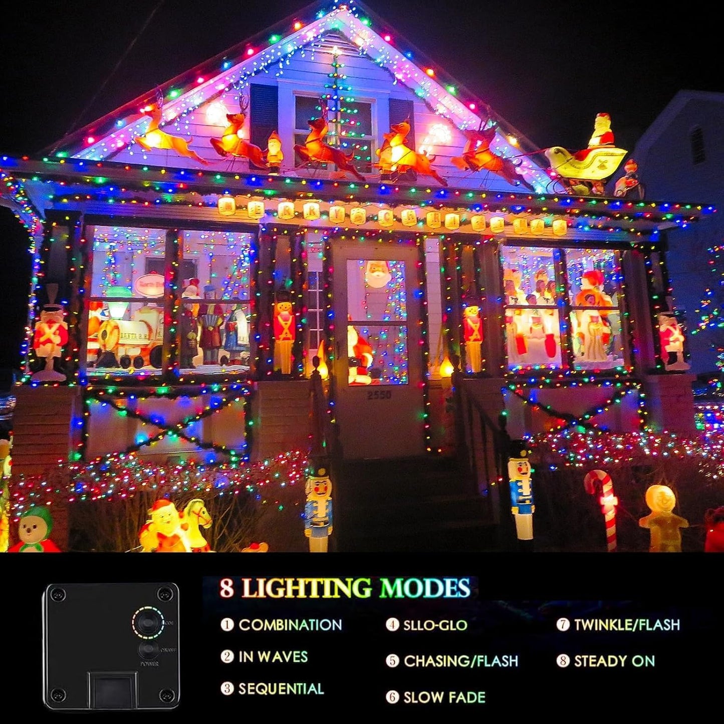 2-Pack Solar String Lights Outdoor, Total 200LED Solar Light Outdoor Waterproof, Solar Twinkle Lights Copper Wire 8 Modes Fairy Light for Xmas Tree Garden Wedding (Multicolor)