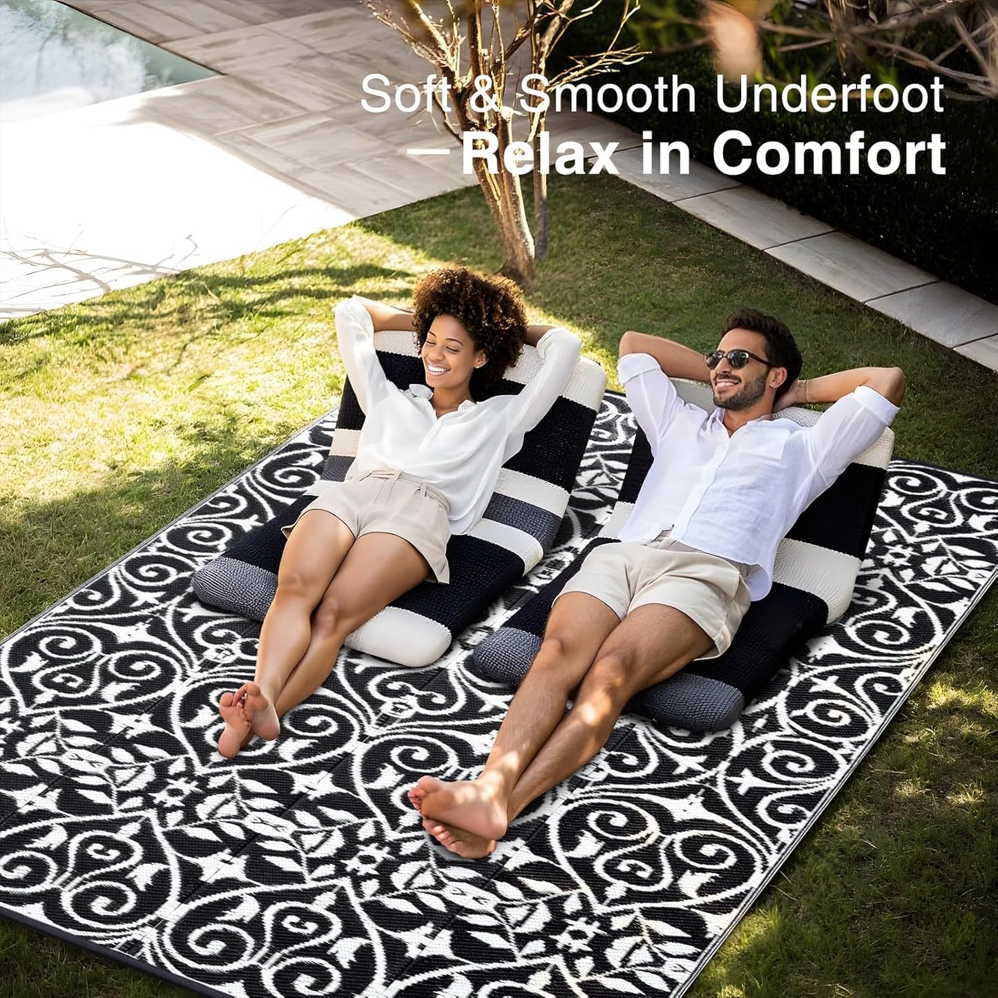 OLANLY Outdoor Rug Waterproof 8x10 ft Clearance, Reversible Outdoor Plastic Straw Rug with Floral Pattern, RV Mat for Patio, Camping, Balcony, Deck, Backyard, Black & White