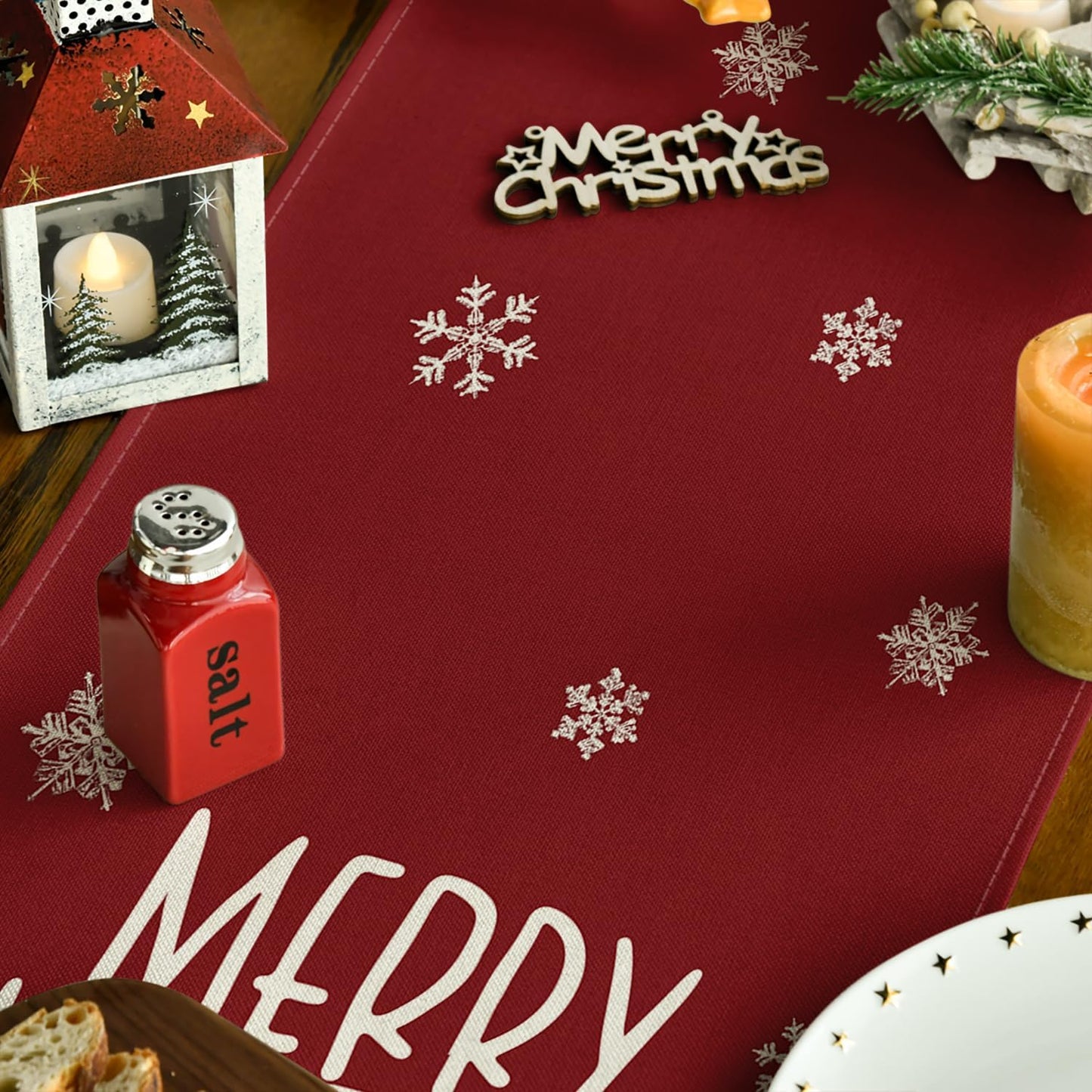 Artoid Mode Xmas Trees Snowflakes Red 210 GSM Merry Christmas Table Runner, Winter Kitchen Dining Table Decoration for Home Party Decor 13x90 Inch
