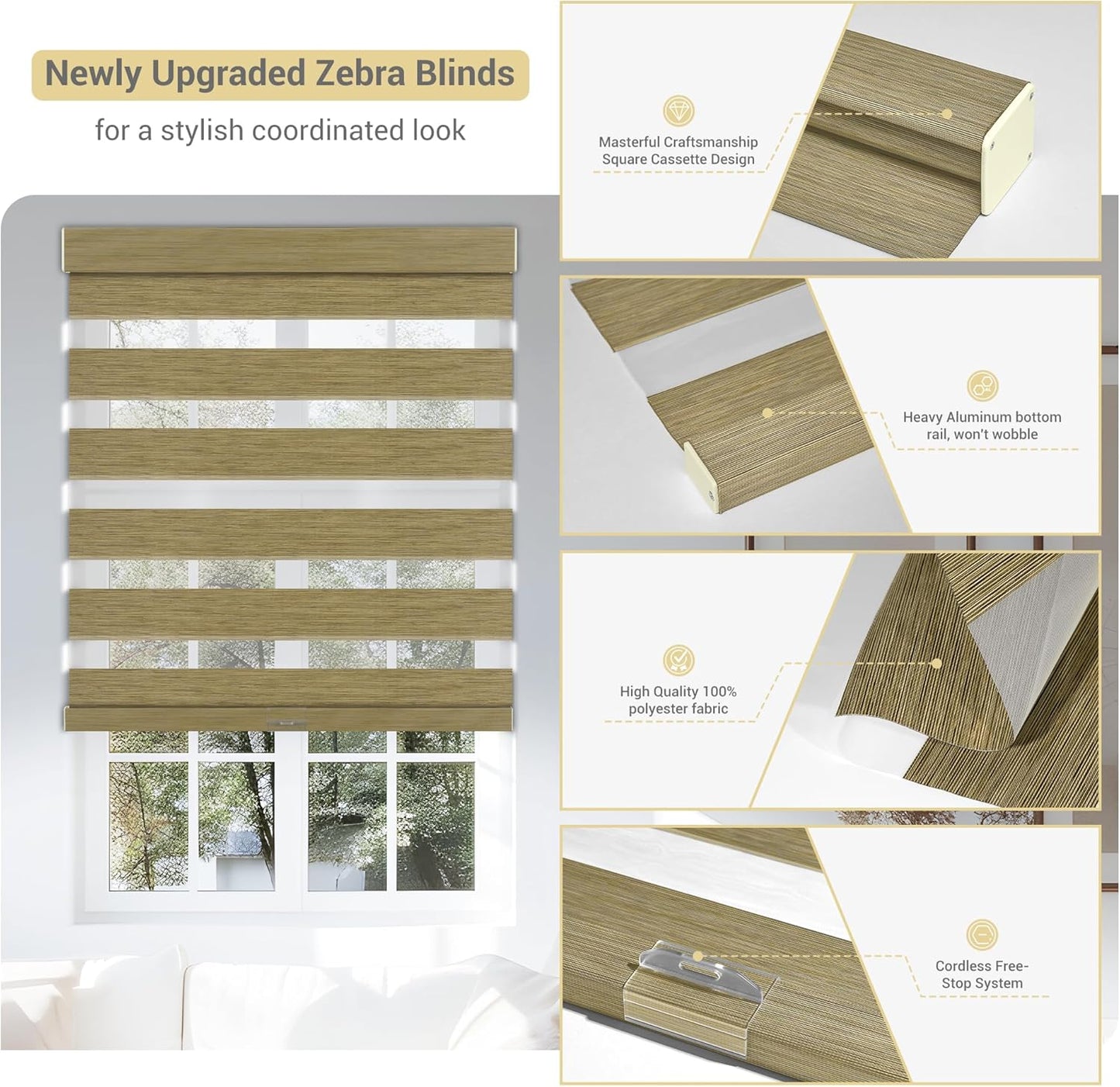 Cordless Zebra Blinds for Windows, Blackout Interior Blinds,Easy to Install,UV Protection,for Offices and Home,Custom Roller Shades, Mousse Light Bown,58" W x 48" H