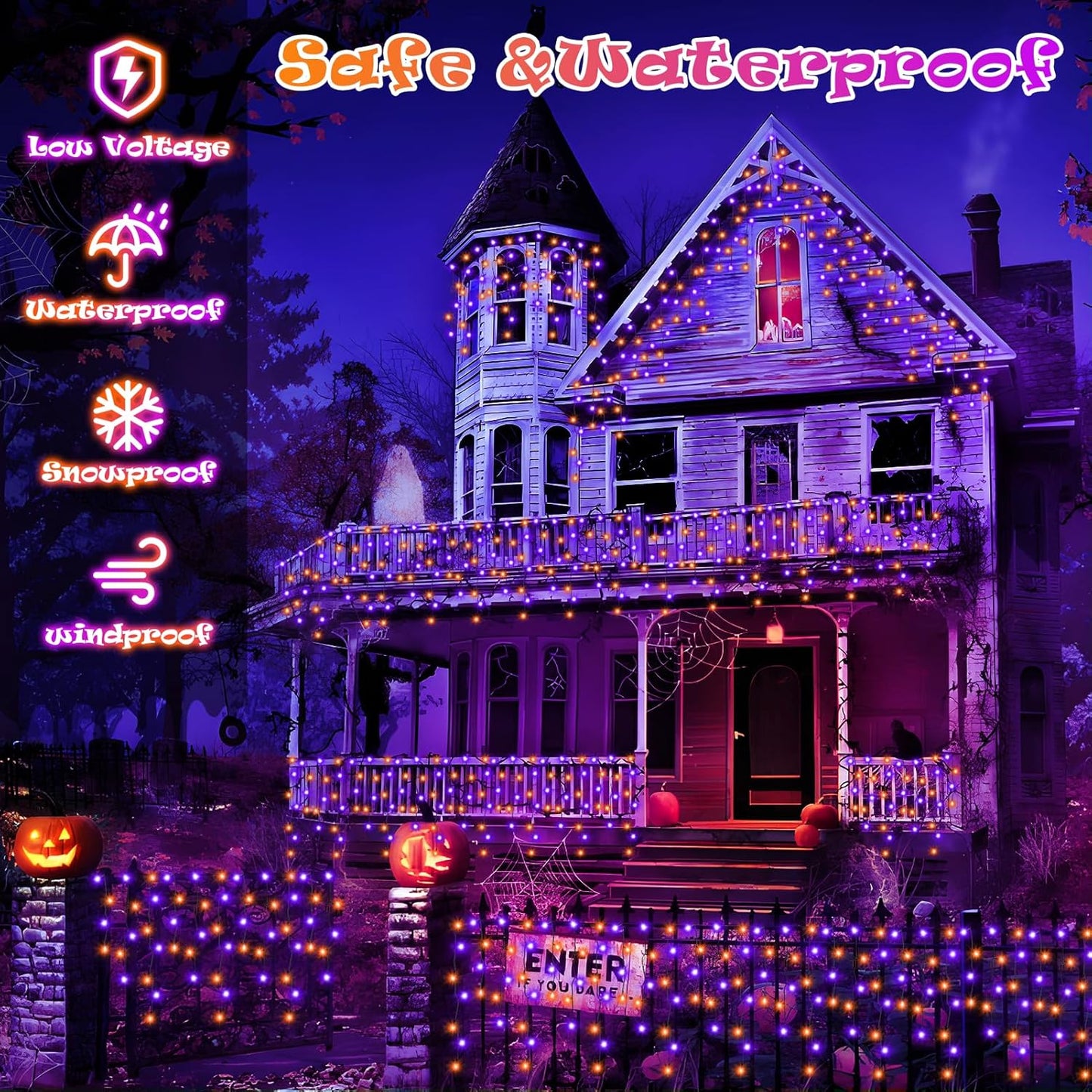 Halloween Lights Outdoor Decorations, 640 LED 66FT Orange and Purple Light, 8 Modes Plug in 120 Drops Ice String Lights with Timer Memory Function Hanging Light for Halloween Party Decor