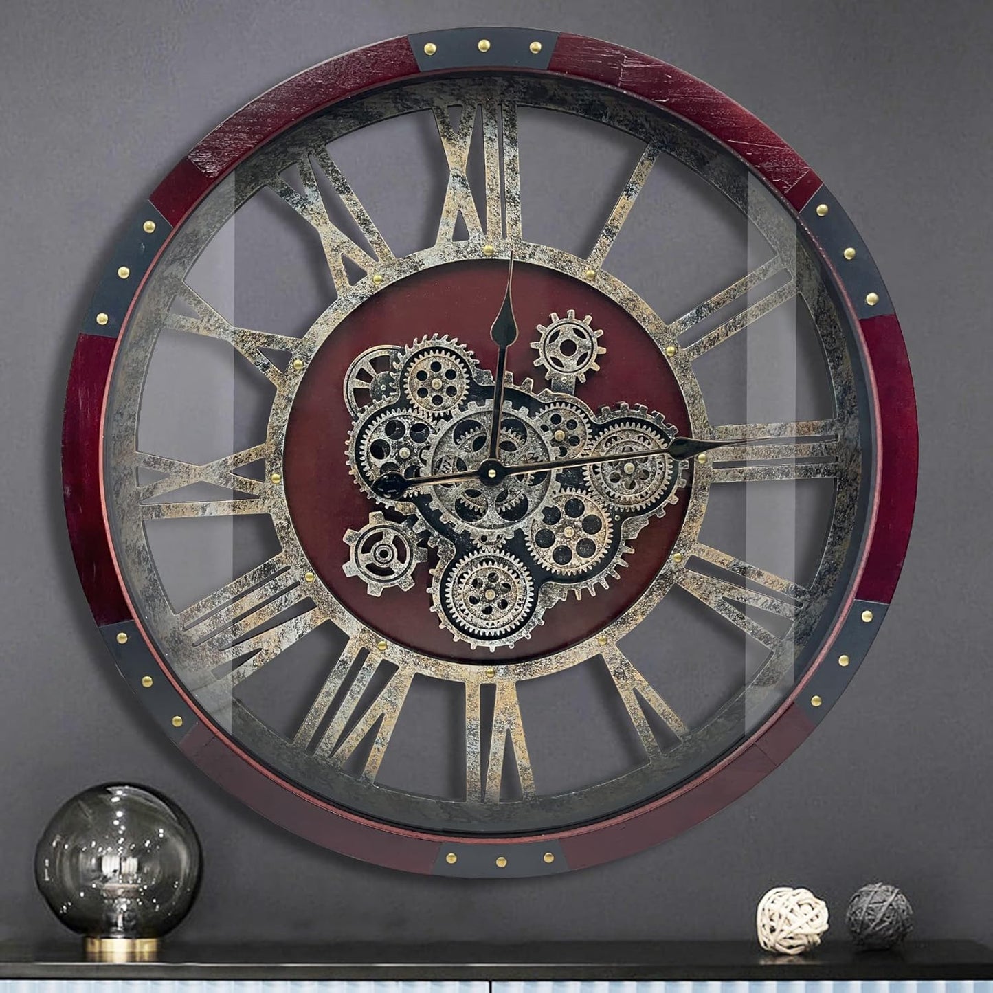 DORBOKER 27" Original Moving Gears Wall Clock, Large Industrial Wall Clock for Living Room Decor, Retro Metal Solid Wood Vintage Farmhouse Steampunk Rustic Clocks for Wall Decor,Cherry Red