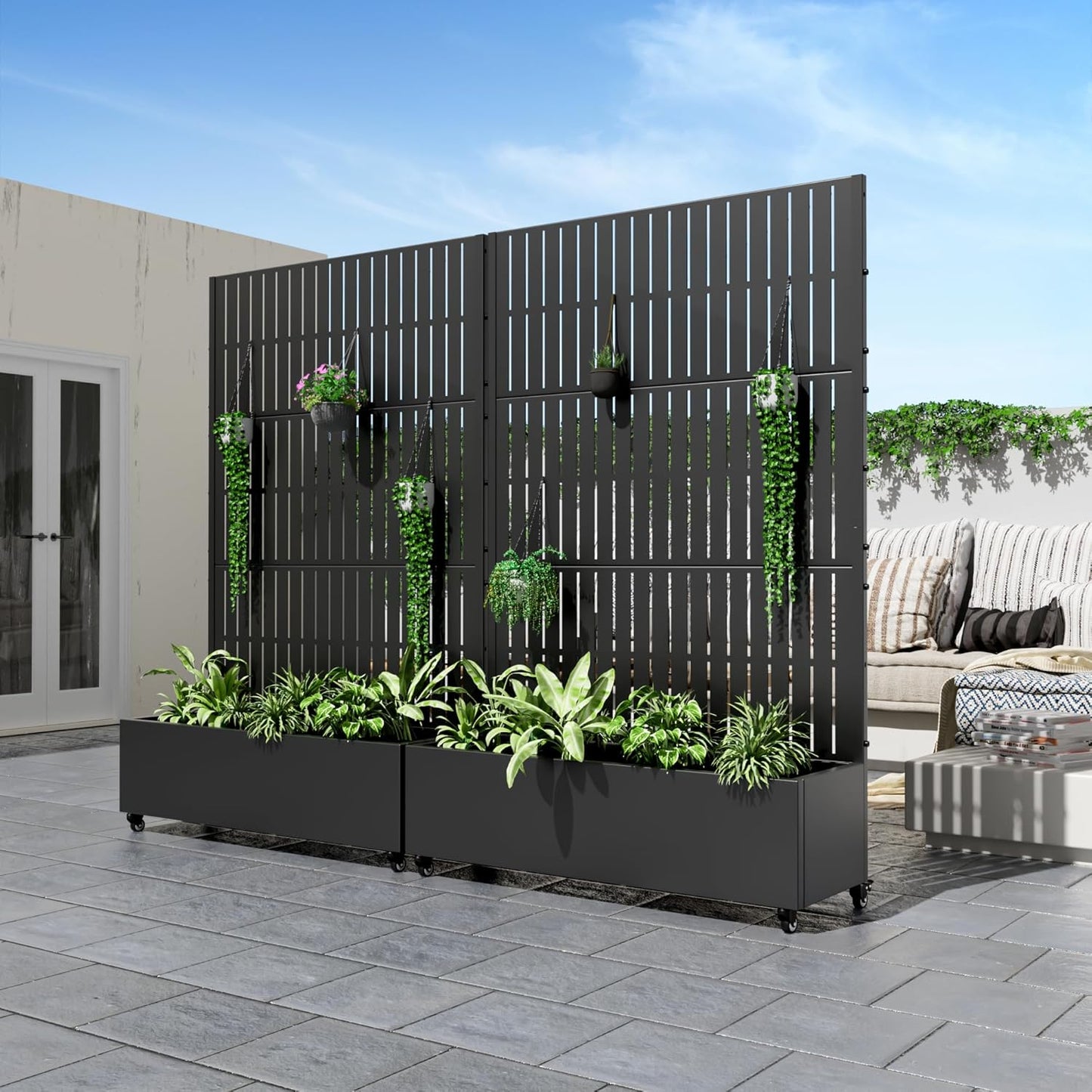 Casaphoria Metal Raised Garden Bed with Trellis and Wheels, 72"x47"x16" Planter Box for Climbing Plants, Vegetables & Vines, Features Drainage Holes and Privacy Screen (Black)