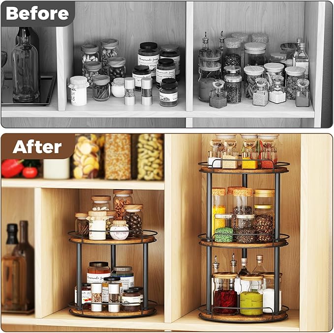 LAMU 10.2'' Wood Lazy Susan Turntable Organizer for Cabinet, 3 Tier Lazy Susan Spice Rack Organizer for Kitchen, Table Top, Countertop, Pantry, Bathroom