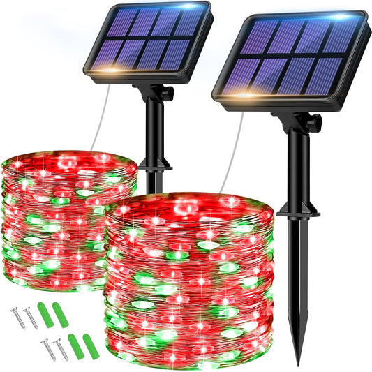 btfarm 2 Pack Solar String Lights Outdoor, 160LED 66FT Solar Fairy Lights Waterproof 8 Modes, Red Green Copper Wire Solar Powered Twinkle Lights for Outside Tree Garden Christmas Wedding Party Decor