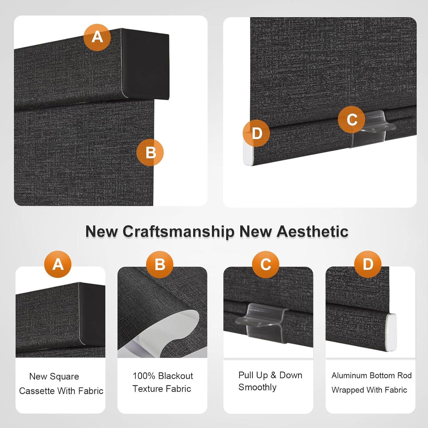 Persilux Free-Stop Cordless Blinds for Indoor Windows with Cover, Window Shades Blackout Roller Blinds, Thermal Insulated Fabric UV Protection for Kitchen, Office, Living Room, Black(29" W x 56" H)