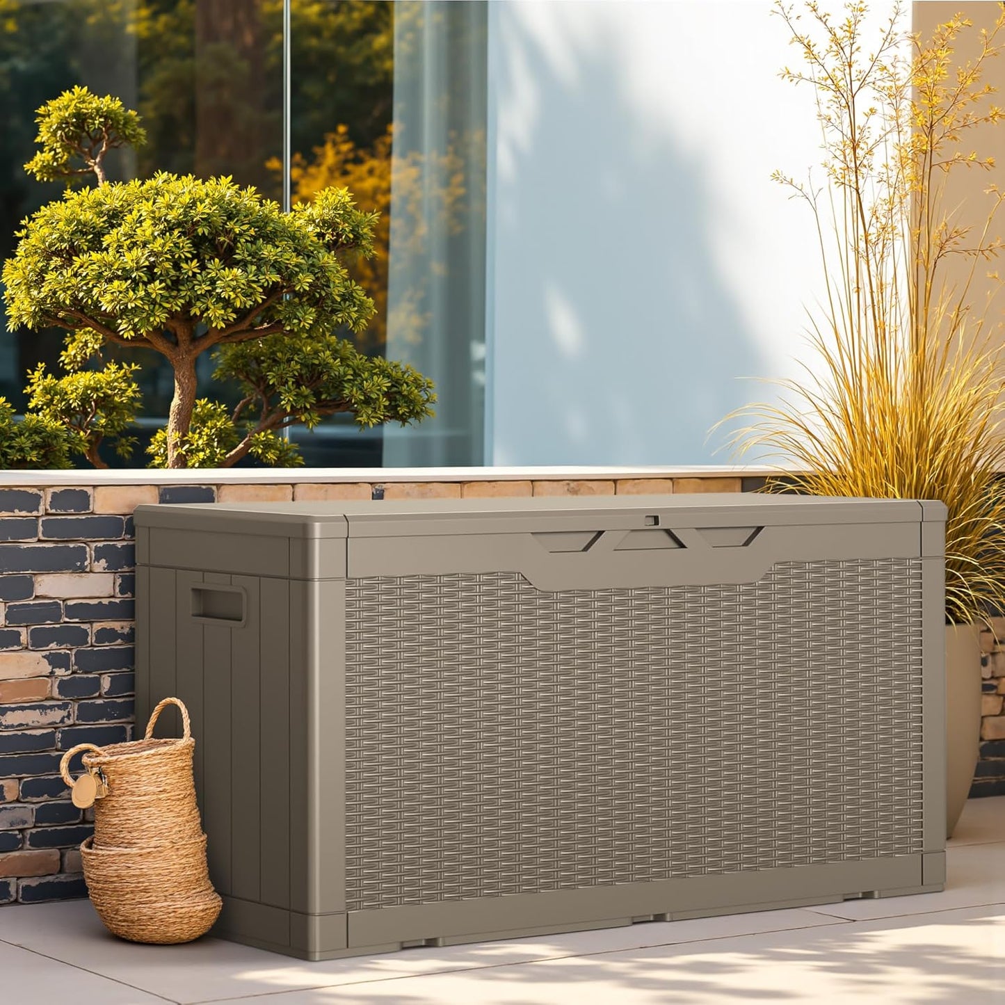 Greesum 100 Gallon Resin Deck Box Lockable Large Outdoor Storage Boxes for Garden Tools, Patio Furniture Cushions, Pool Supplies, Light Coffee