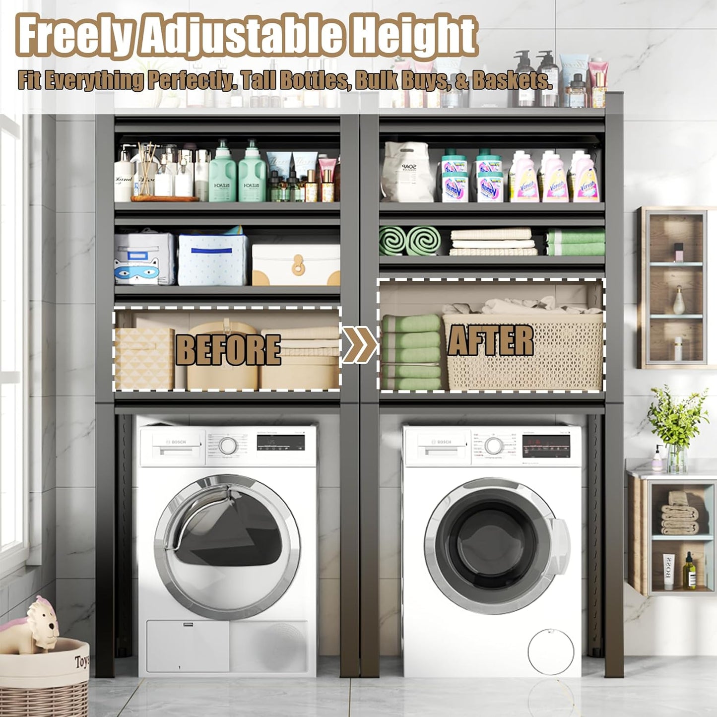 Upgraded Over The Toilet and Washer Storage Shelf,4 Tiers Laundry Room Standing Shelf,Bathroom Storage and Organizer Rack,Laundry Room Space Saver with Adjustable Shelves,39" W x 14" D x 63" H, Black