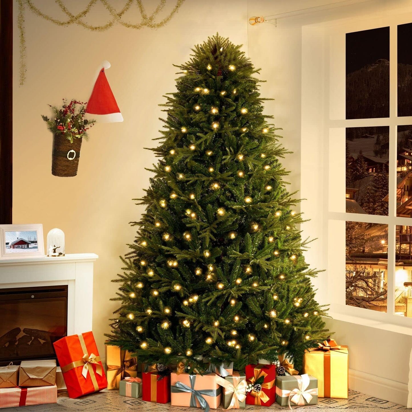 Camden 6.5ft Prelit Artificial Christmas Tree with Foot Pedal, 2041 Branch Tips, 400 Warm Lights and Metal Stand, 51" Wide Realistic Hinged Christmas Tree with Lights by Naomi Home
