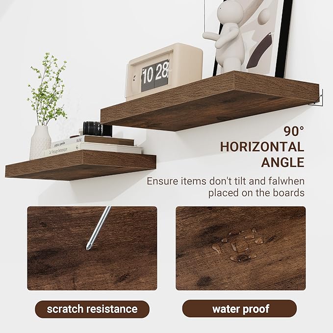 24 Inch Floating Shelves, 24"x9.25"x1.5" Inch Deep Floating Shelves for Wall, Wooden Shelves for Bathroom, Bedroom, Living Room, Brown