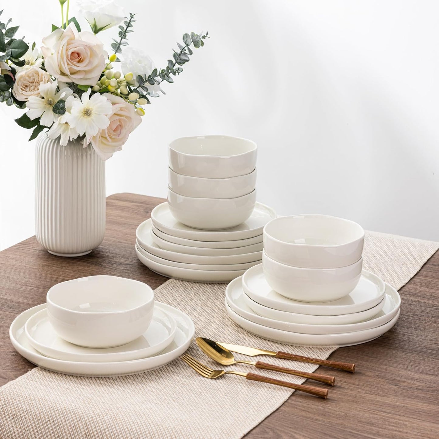 LERATIO Ceramic Dinnerware Sets for 6,Plates and Bowls Sets,Handmade Reactive Glaze Dishes Set,Chip Resistant and Scratch Resistant | Oven&Dishwasher & Microwave Safe- White &Wave(18PCS)
