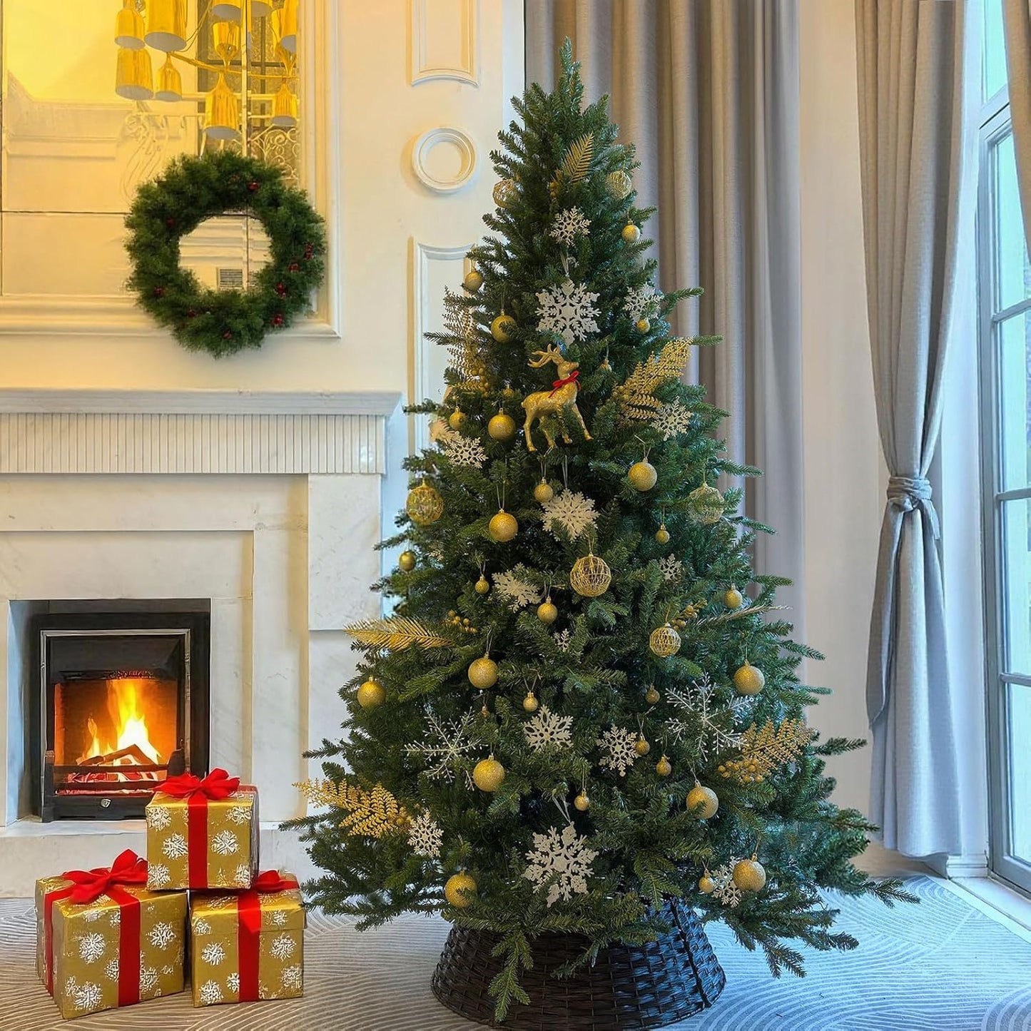 9 FT Artificial Christmas Tree with 3529 PE&PVC Mixed Branch Tips, Unlit Hinged Premium Spruce Fake Xmas Trees, Green, Foldable Base