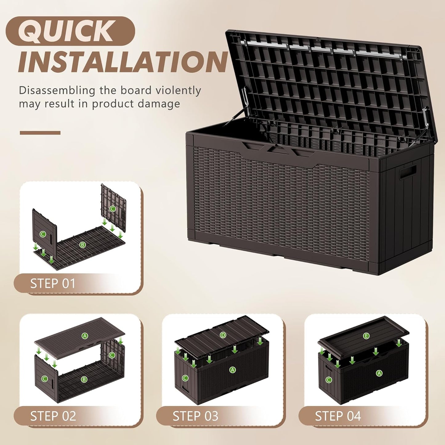 Devoko 100 Gallon Deck Box, Waterproof Resin Outdoor Storage Box with Cushion for Outside and Patio, Large Outdoor Storage Bench Cabinet Lockable for Patio Furniture and Garden Tools (Deep Brown)