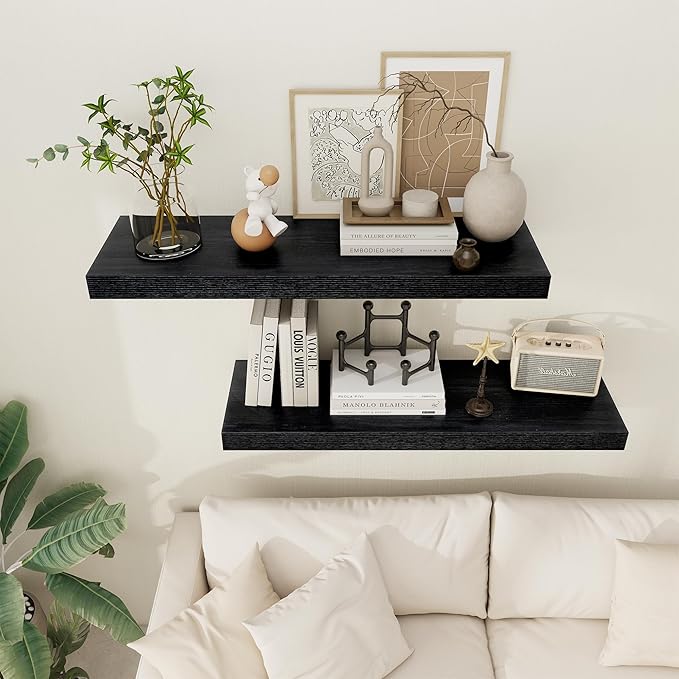 Black Floating Shelves 36 Inch Long, 12 Inch Deep Floating Shelves for Wall, 36 x 12 Shelves for Wall Storage & Display, 2" Thick Floating Shelf for Bathroom, Living Room, Bedroom, Set of 1
