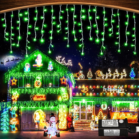 Green Christmas Lights Outdoor, 33ft 400 LED Icicle Lights for Outside House with Connectable Clear Wire 8 Modes Timer, Plug in Waterproof for Home Holiday Eaves Yard Party Room Indoor Decoration
