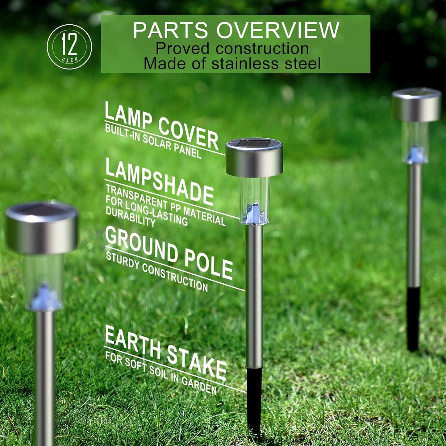 Solar Lights Outdoor Waterproof, Stainless Steel LED Landscape Lighting, Solar Garden Lights Solar Powered, Outdoor Solar Lights for Yard, Pathway, Walkway, Patio , Lawn - 16 Pack ( Cold White )