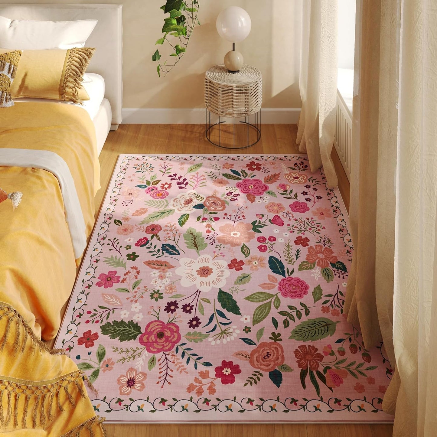 Bedroom Rug 3x5 Rug Washable Area Rug Non Slip Low Pile Boho Floral Small Carpet for Bedroom, Bedside, Kitchen, Entryway, Kids Room, Office, College Dorm Essentials for Girls(Pink)
