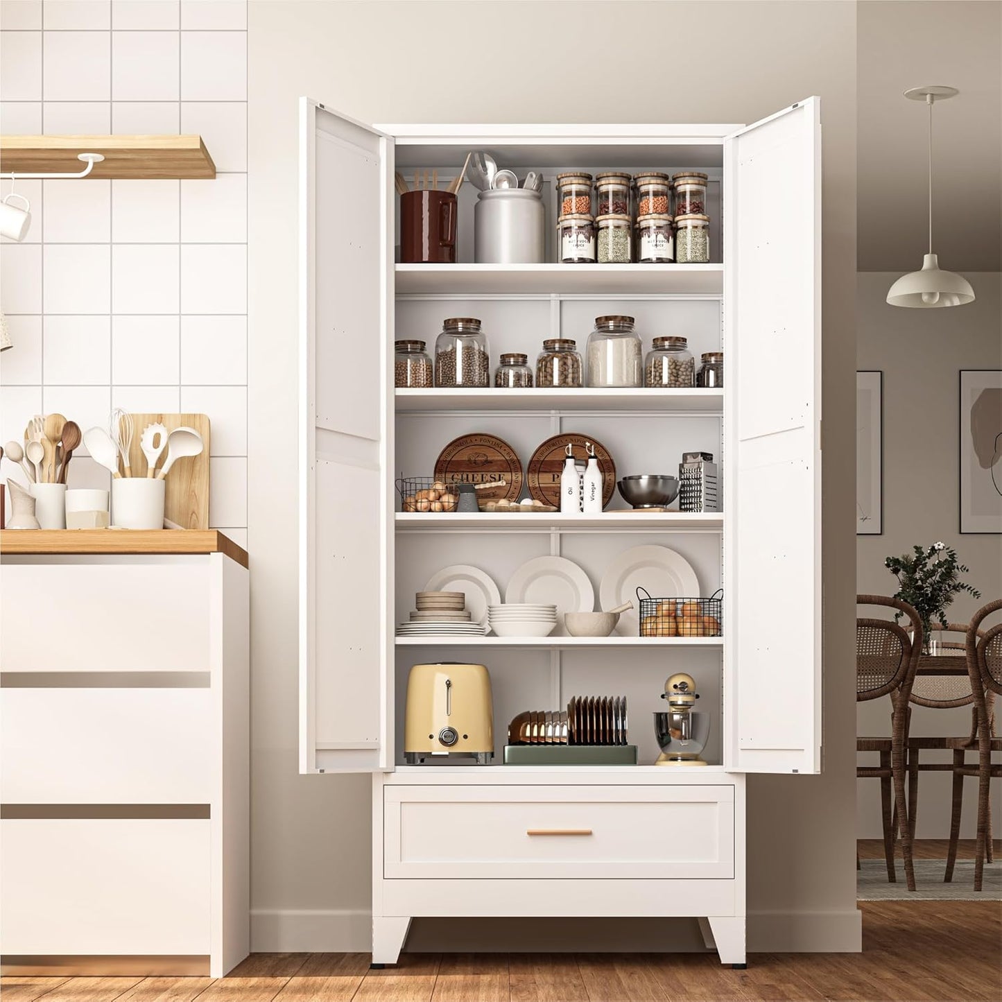 71 "Farmhouse Metal Filing Cabinet with a Drawer and 4 Adjustable Shelves, with 2 Large barn Door White Kitchen Cabinets, Metal Food Cabinets for Home, Kitchen, Dining/Living Room (White)
