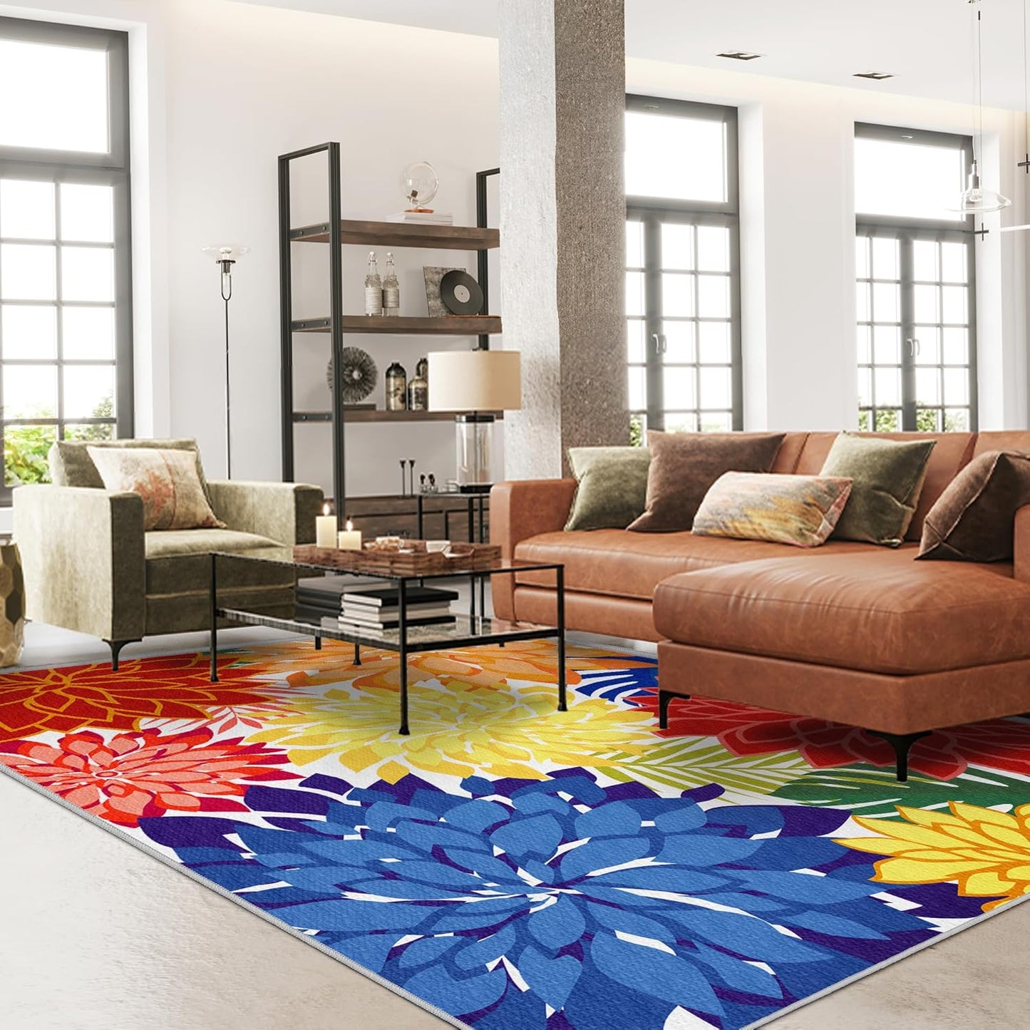 Indoor Outdoor Area Rug 8x10 Patio Washable Multicolored Patio Rug Tropical Botanical Modern Floral Indoor Outdoor Carpet Non-Slip for RV, Pool Deck, Backyard, Porch