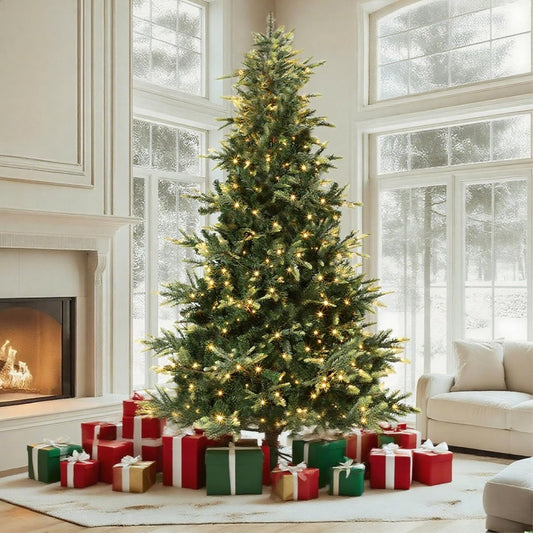 GarveeHome 9 FT Artificial Pre-lit Christmas Tree, Green PVC&PE Full Christmas Tree with 700 Warm White Lights for Home, Office, and Xmas Party Décor, Includes Stand
