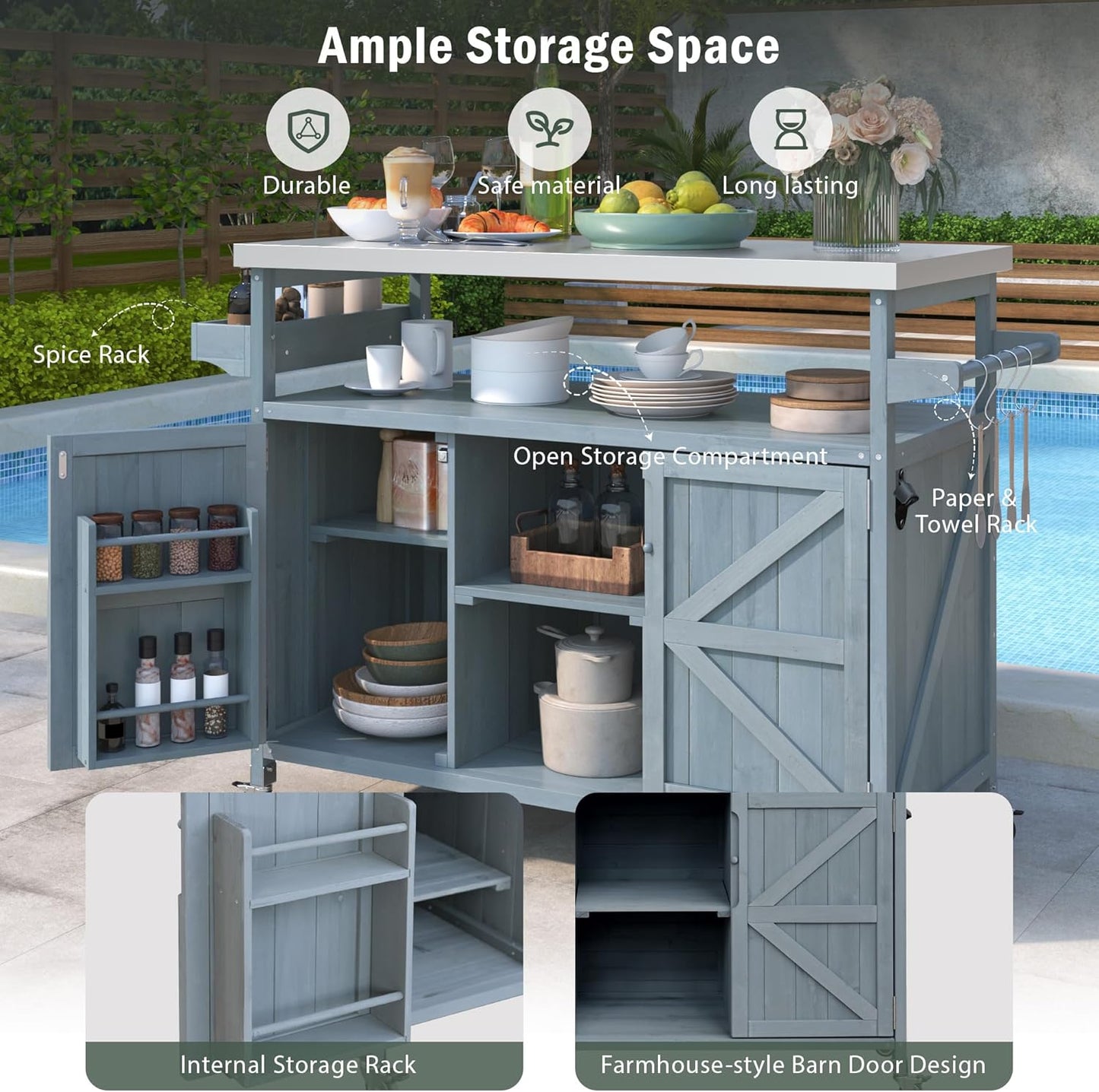 50.25" Outdoor Kitchen Island with Rolling Bar Cart & Storage Cabinet, Farmhouse Solid Wood Grill Table with Stainless Steel Top, Spice Rack & Towel Rack for Kitchen & BBQ (Grey Blue)