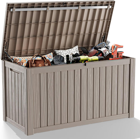 150 Gallon Deck Box,Resin Outdoor Storage Box with Lockable for Patio Furniture, Pool Accessories, Garden Tools Waterproof Outside Storage Box, Grey
