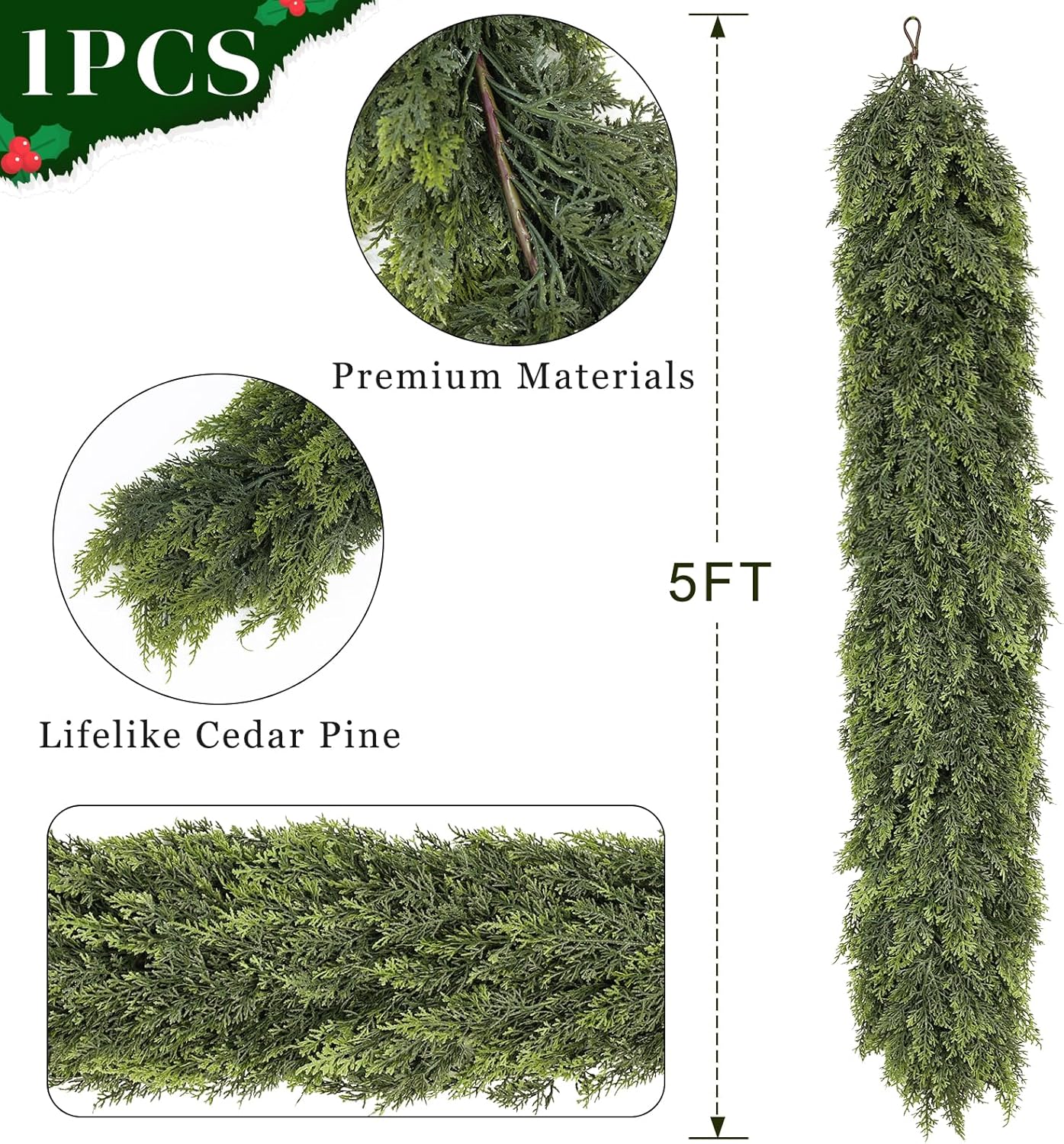 5FT Real Touch Cedar Garland for Fireplace - Artificial Christmas Garlands Realistic Faux Greenery Fake Pine Needles Garland for Holiday,Table, Window,Mantel,Stairs, Home,Indoor Outdoor Decor (1PCS)