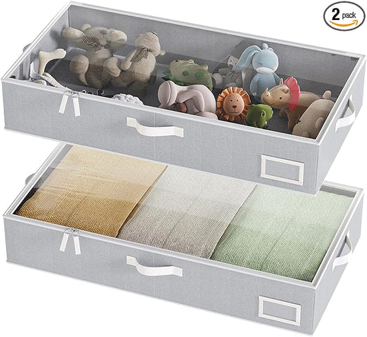 Under Bed Storage Containers, 2-Pack Underbed Storage Box, Collapsible Clothes Storage Bins with Handles and Lid, Large Under Bed Organizers for Shoe, Blanket, Pillow, Sheet, Gray