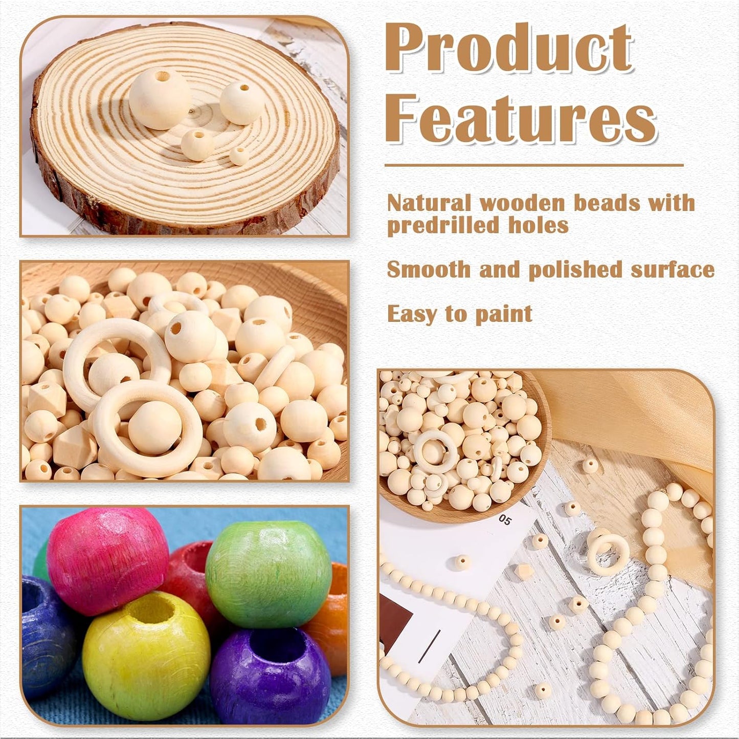 Wooden Beads for Crafts, 660 Pcs Natural Loose Wood Beads Rings Bulk Include Unfinished Beads with Holes, Smooth Wooden Ring, Polygon Spacer Beads Twine for Ornament Jewelry Making Home Garland Décor
