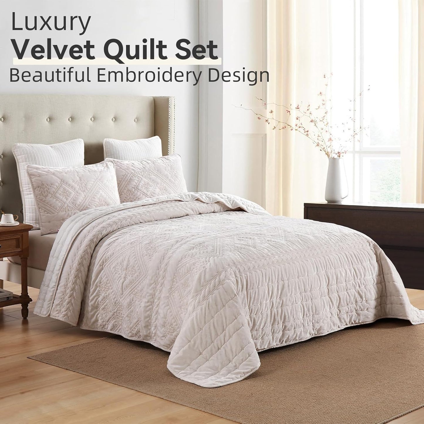 Yvooxny 3-Piece Quilt Set King Size Velvet Embroidery Quilted Bedspread Coverlet Set Bedding Set with Pillowcases for All Seasons, White, 108 * 96 Inches