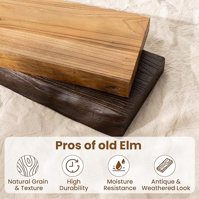 72" Floating Shelves, Live Edge Elm Wood Floating Shelf for Wall, Wall-Mounted Display Shelves with Invisible Heavy-Duty Bracket, Long Floating Shelf for Bathroom, Kitchen, Living Room, Natural Color