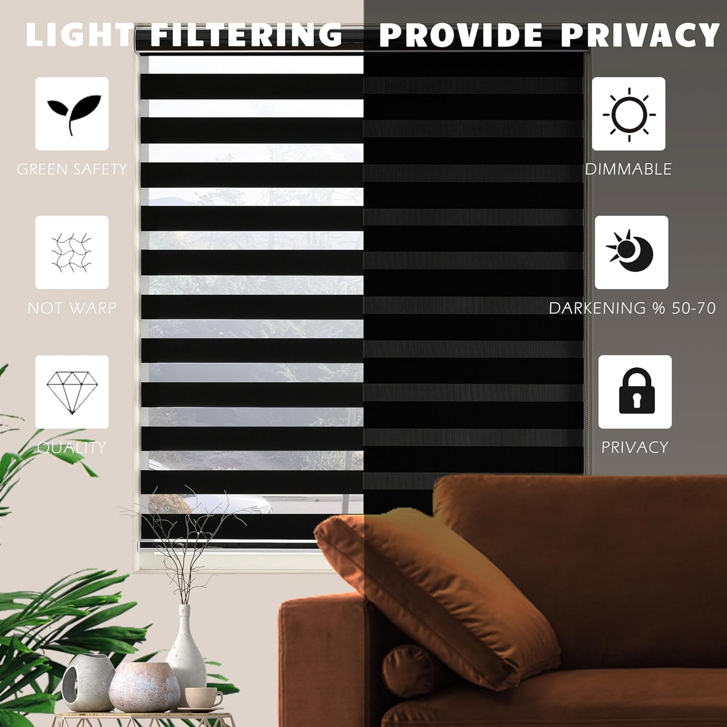 Blackout Zebra Blinds, Dual Layer Free-Stop, Room Darkening Zebra Shades, Blinds for Indoor Windows, Light Filtering Privacy Sheer Shade for Home(61" W X 72" H, Black)