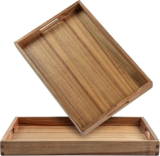 Acacia Wood Serving Tray with Handles (Set of 2)- 17-Inch Decorative Wooden Tray - Perfect for Breakfast, Lunch, Dinner, Ottoman, Coffee Table - Living Room and Couch Tray
