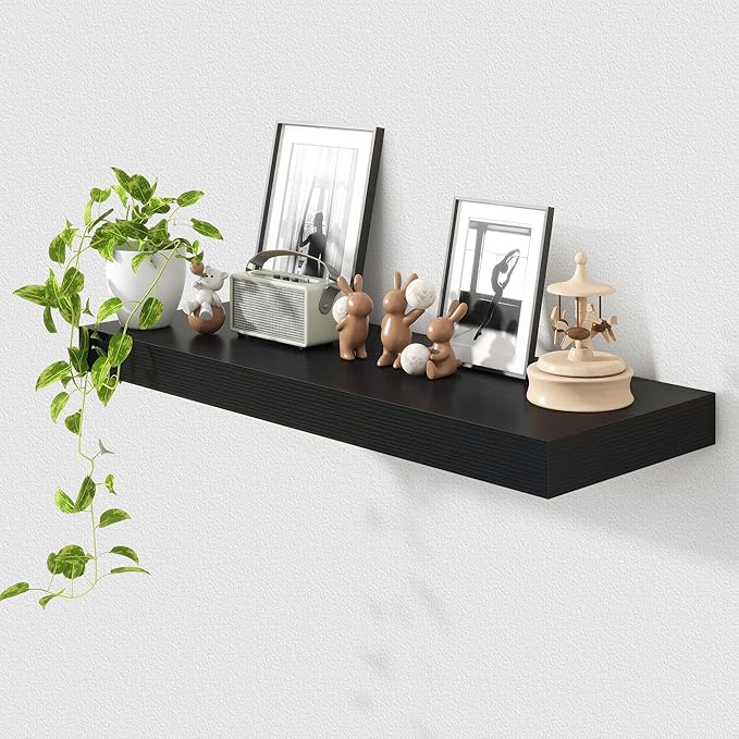 Deep Floating Shelves for Wall | 36 Inch Wide x 12 Inch Deep Black Floating Shelves | 36W x 12D Rustic Wood Wide Wall Shelves | Bookshelf Laundry Shelf TV Shelf