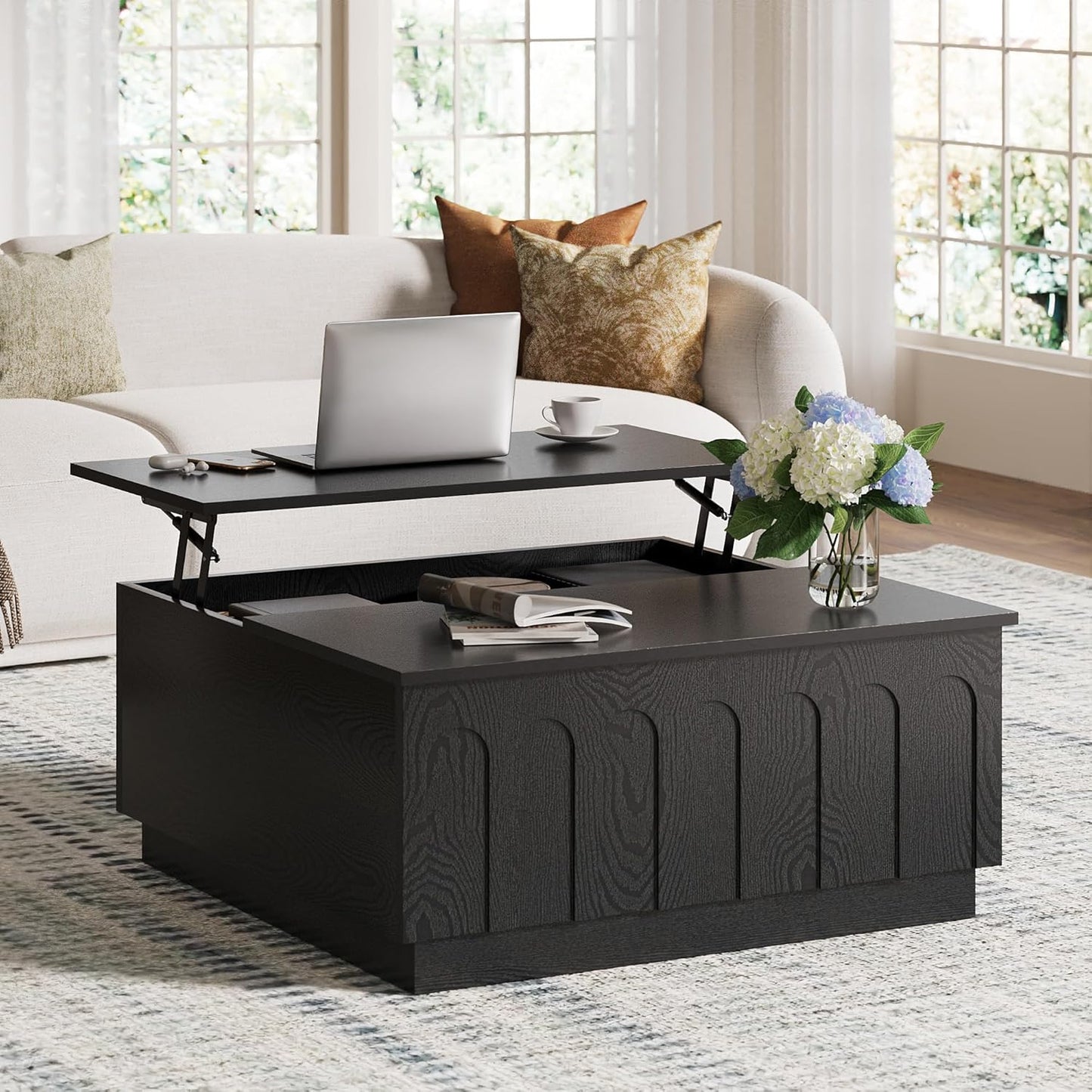 Lift Top Coffee Table with Storage, Modern Coffee Table with Arched Design, 31.5" Square Tea Table with Wood Grain, Minimalist Multifunctional Center Table for Living Room, Office, Black