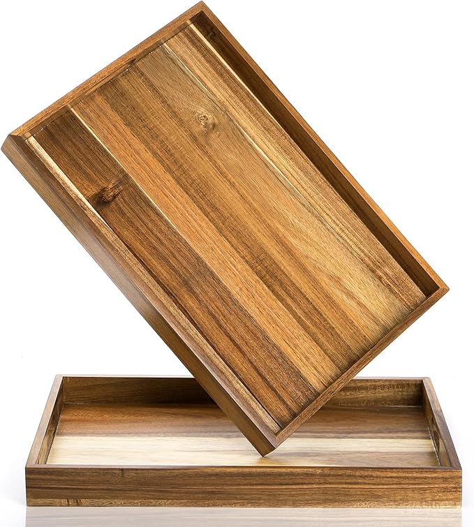 YOUEON 2 Pack Large Acacia Wood Serving Tray with Handles, 17x12 Inch Decorative Wood Trays for Serving Food, Party, Rectangle Ottoman Tray, Coffee Table Trays for Bed, Living Room, Kitchen