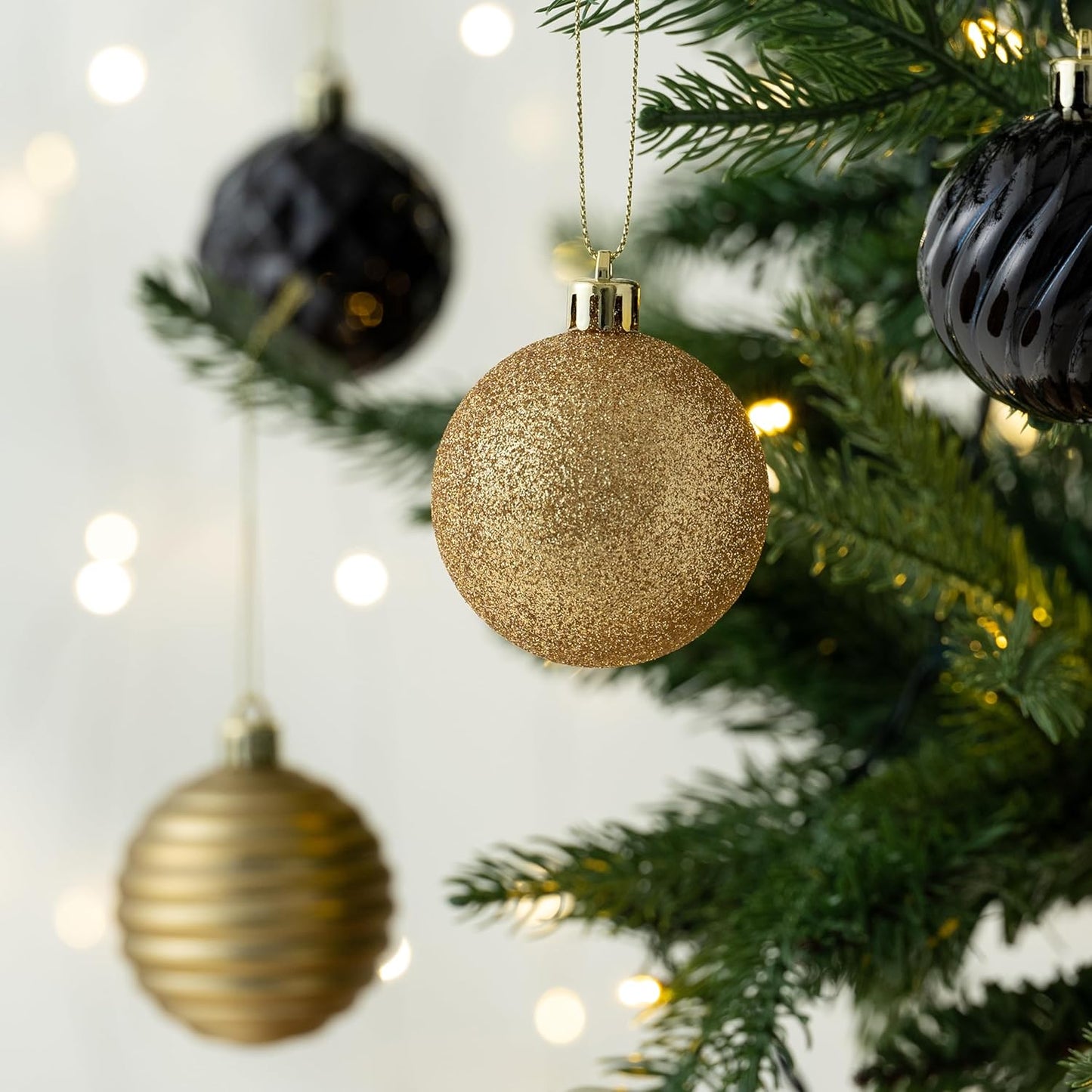 Valery Madelyn Christmas Ornaments Tree Decorations Set for Fall Halloween, 24ct Black Gold Shatterproof Ball Ornaments, 2.36" Hanging Ornament Bulk for Xmas Holiday Party Decor