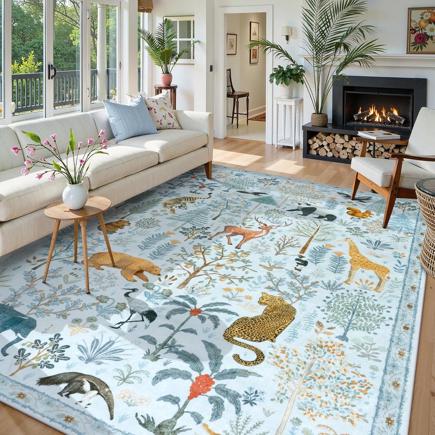OJIA Animal Area Rugs 8x10, Soft 8x10 Washable Rugs for Living Room Bedroom, Non-Slip Boho Ultra-Thin Dining Room Rug Large Throw Carpet for Farmhouse Playroom Office, Light Blue