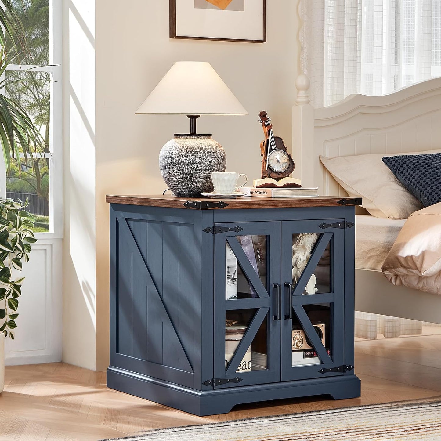 24" End Table with Charging Station, Farmhouse Night Stand with Glass Barn Door, White Nightstands with Adjustable Storage Shelf, Large Wood Square Bed Side Table for Living Room,Bedroom