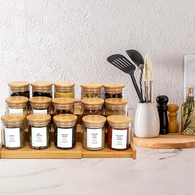 4OZ Glass Spice Jars with Bamboo Lids and 315 Labels, 32 Pcs Clear Food Storage Containers for Kitchen Sugar Salt Coffee Tea Beans