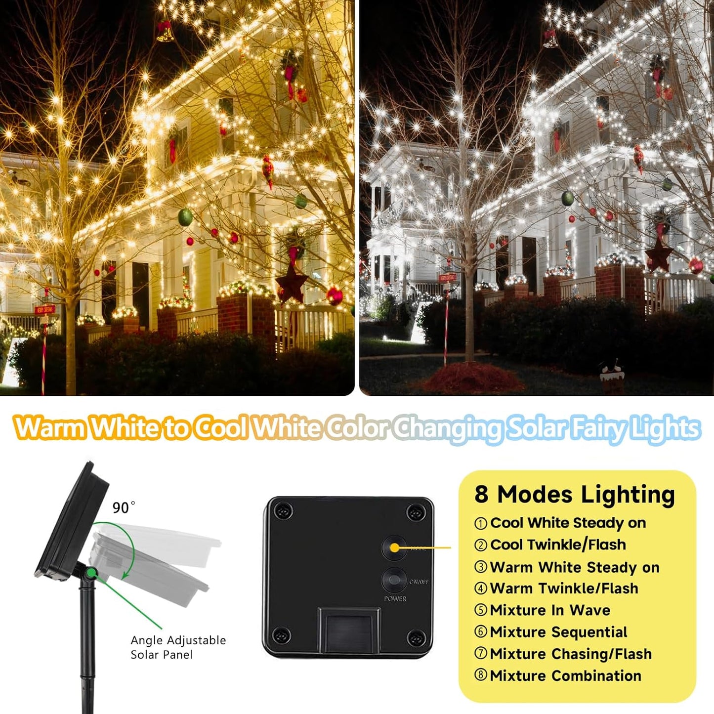 SANJICHA Warm White and Cool White Color Changing Solar String Lights, Extra-Long 2PK 144FT 400LED Solar Fairy Lights Outdoor Waterproof, Copper Wire 8 Modes for Garden Party Wedding Decorations