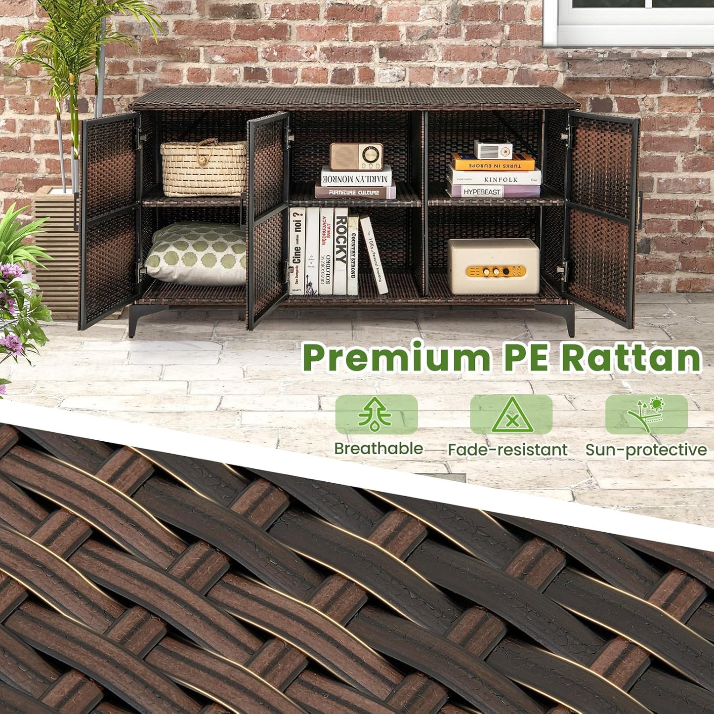 RELAX4LIFE 84-Gallon Outdoor Storage Box - Wicker Rattan 3-Door Patio Storage Cabinet Container w/Removable Shelves for Cushions, Garden Tools, Pool & Sports Equipment, Indoor Outdoor Deck Box (Brown)