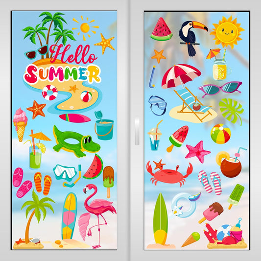 9 Sheets Summer Window Clings, Double Sided Summer Window Clings for Glass Windows, Hello Beach Decals, Sun Watermelon Pattern Stickers for Home Office Accessories Decorations