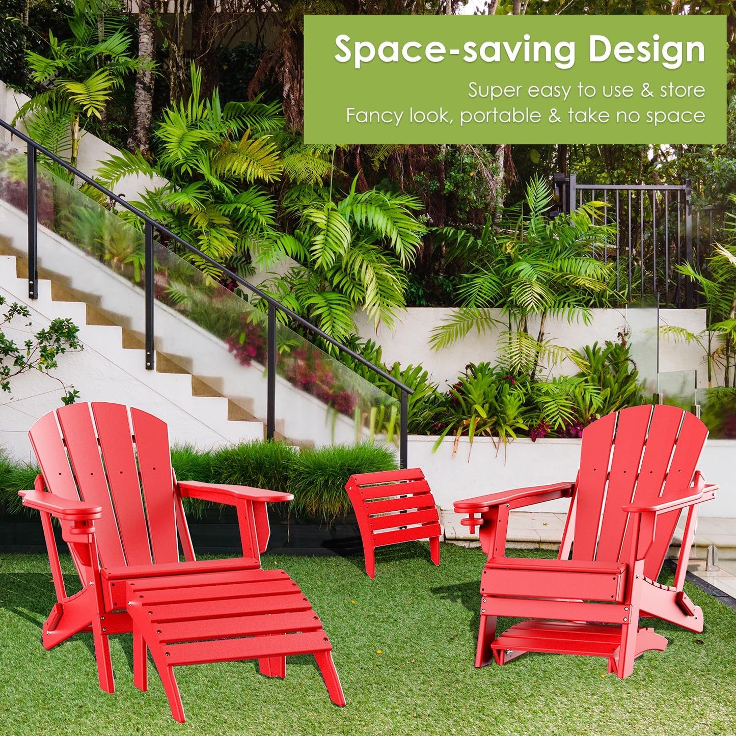 GREENVINES Adirondack-Ottoman | Set of 4 | HDPE Plastic | Outdoor Footrest | All Weather | Foot Rest | Foot Stool | Red | for Adirondack Chair | for Patio Backyard Pool