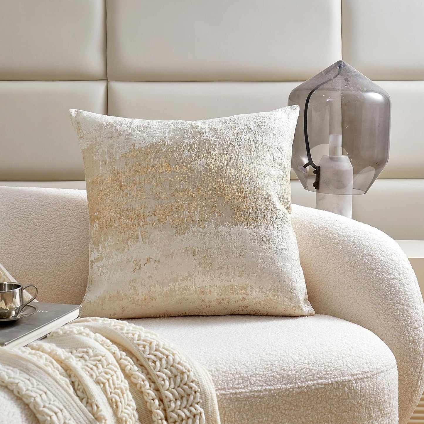 THE-TINOART Beige & Gold Accent Pillow Cover 18x18 - Gold Embroidery & Splashed Jacquard Design, Reversible Luxury Throw Pillow Cover with Velvet Backing for Couch, Bed, Chair