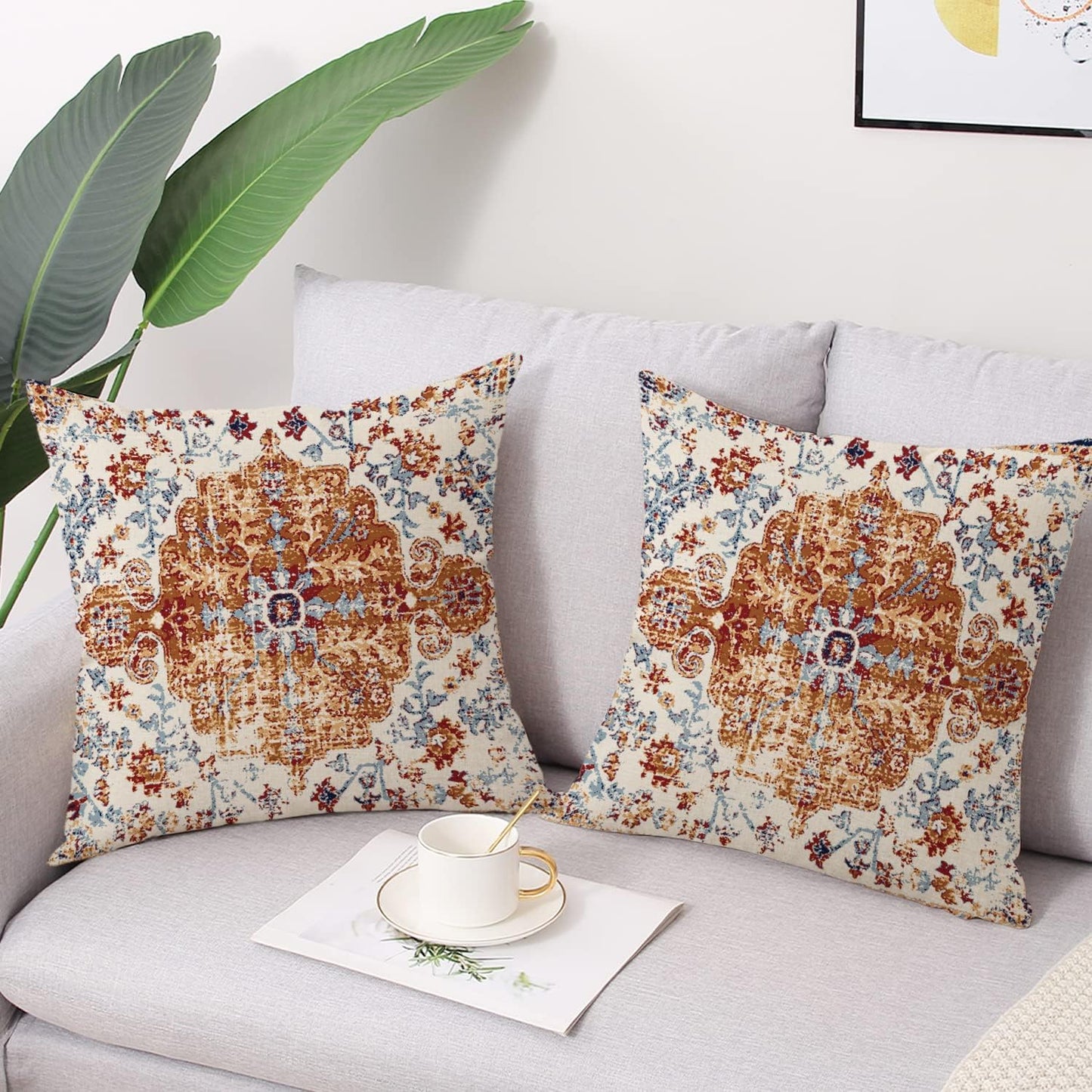 Outdoor Waterproof Pillow Set of 2 - 18X18 Inch Bohemian Vintage Carpet Pattern Pillow Covers in Brown and Blue Ethnic Design for Decorative Farmhouse Couch, Garden, Balcony