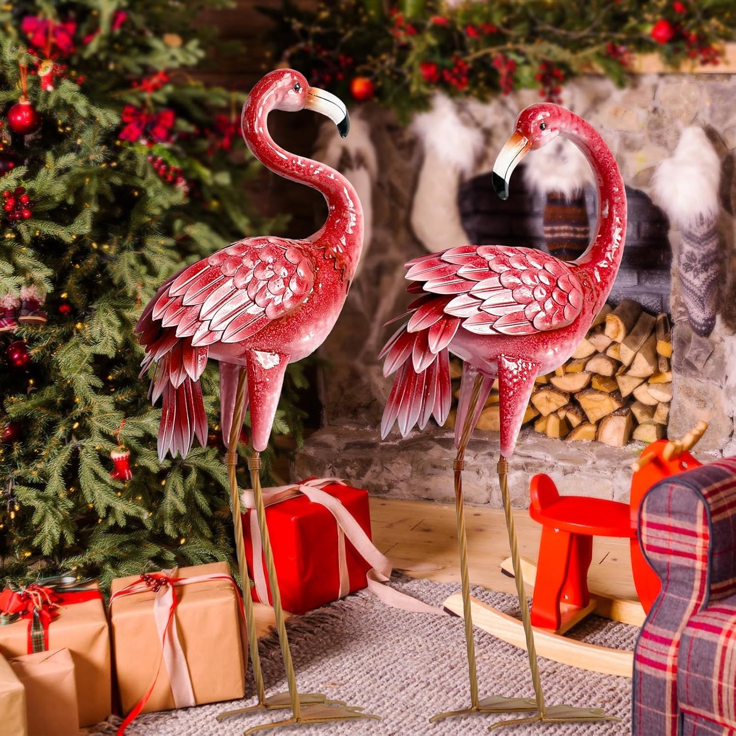 Kircust Flamingo Garden Statues and Sculptures, Metal Birds Yard Art Outdoor Statue, Large Pink Flamingo Lawn Ornaments for Home, Patio, Backyard Decor (2-Pack)