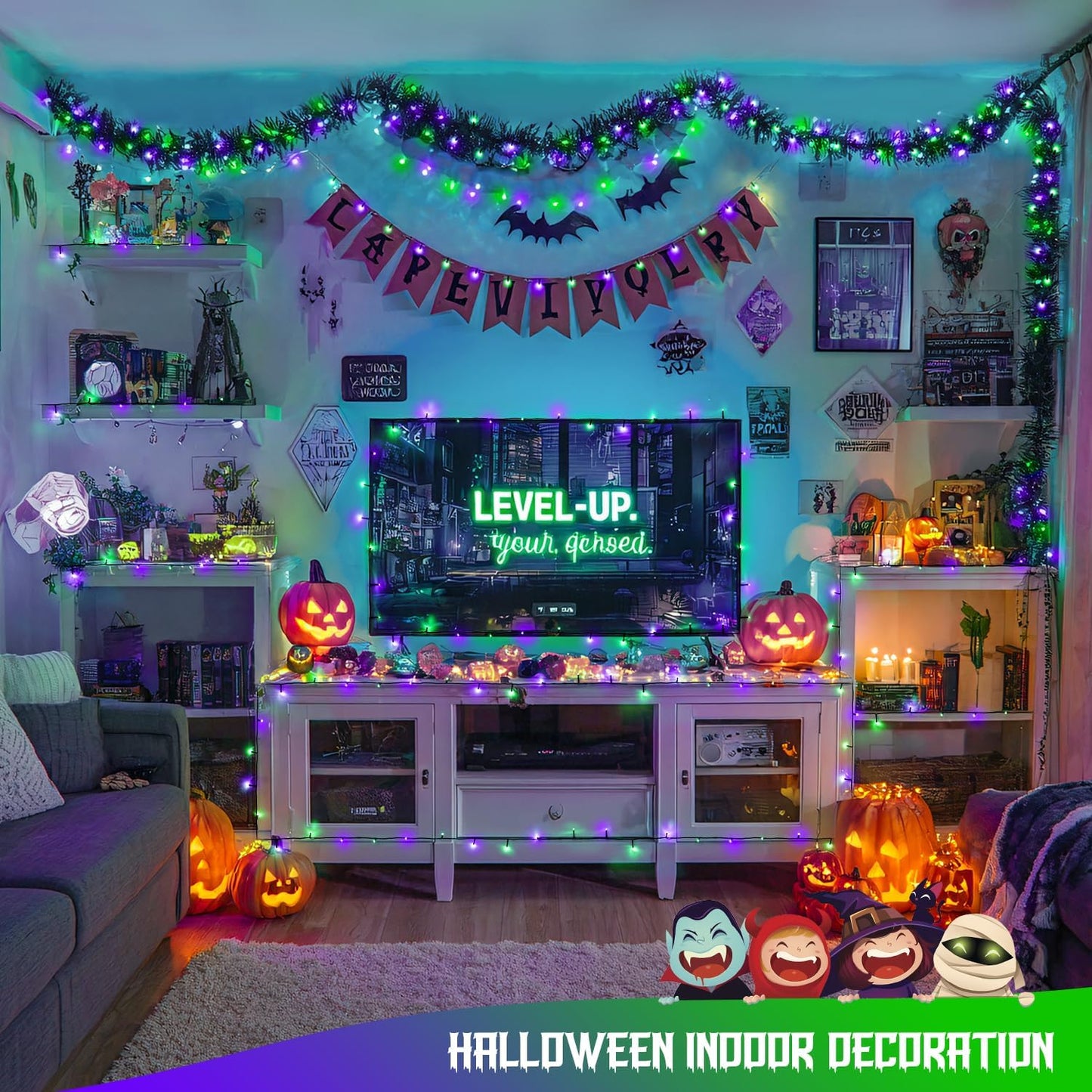 JMEXSUSS 200 LED Purple and Green Halloween Lights Plug in, 66ft Connectable Halloween String Lights,8 Modes Outdoor Waterproof Tree Light for Yard Outdoor Indoor Bedroom Garden Patio Decor
